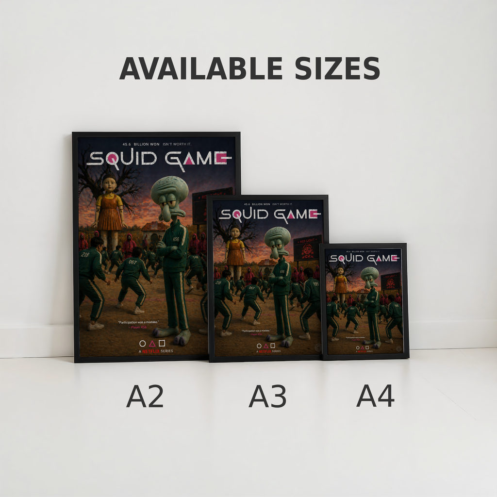 Three 'Squid Game' themed posters of different sizes on a white background