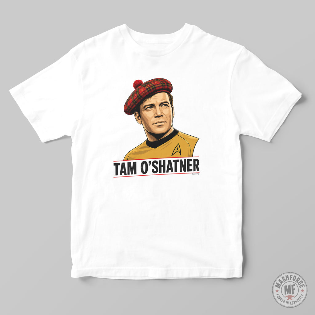 A white short-sleeve crewneck t-shirt featuring a graphic print of Captain Tam O'Shatner from Star Trek wearing a red tartan beret and gold uniform, with the text 'TAM O'SHATNER' underneath. The shirt is displayed flat against a neutral gray background.