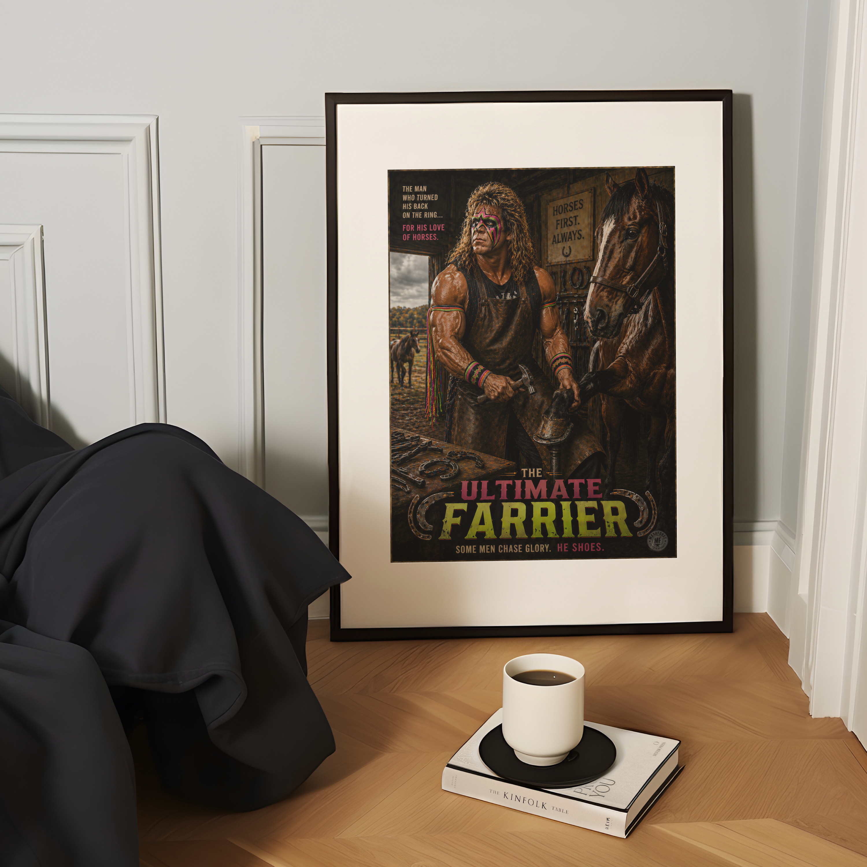 Framed poster of 'The Ultimate Farrier' on a wooden surface with a cup and book.