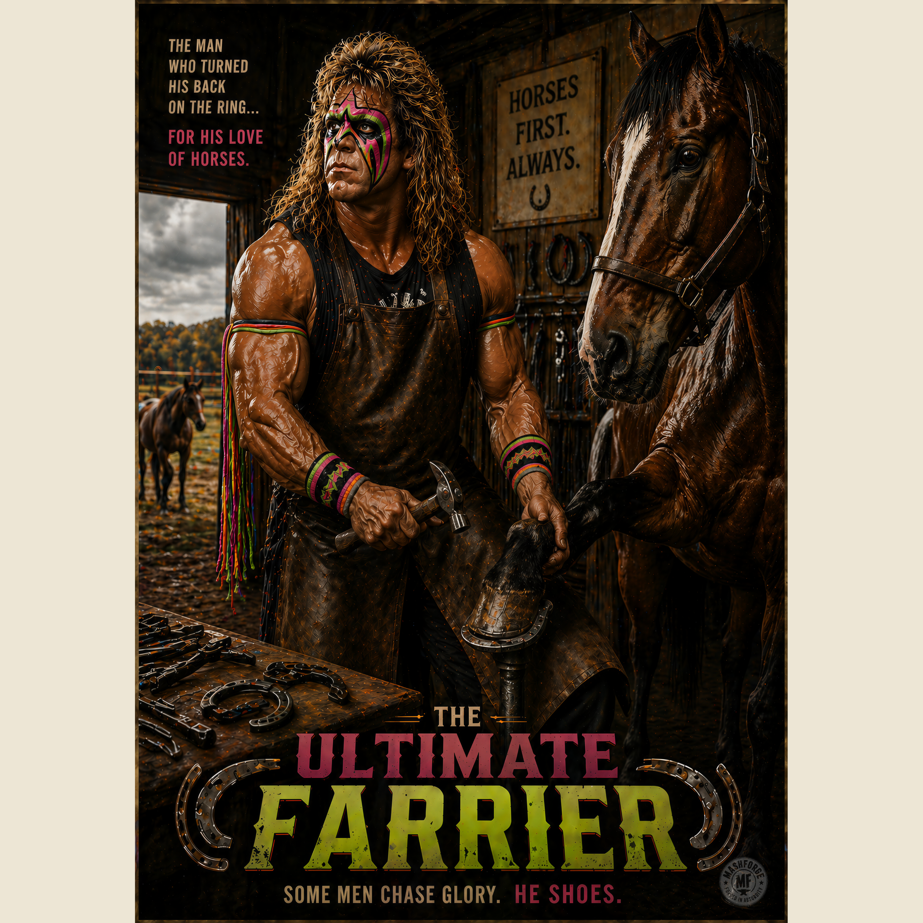 Poster of a the ultimate warrior wrestler farrier with a horse, text about horses, and branding elements.