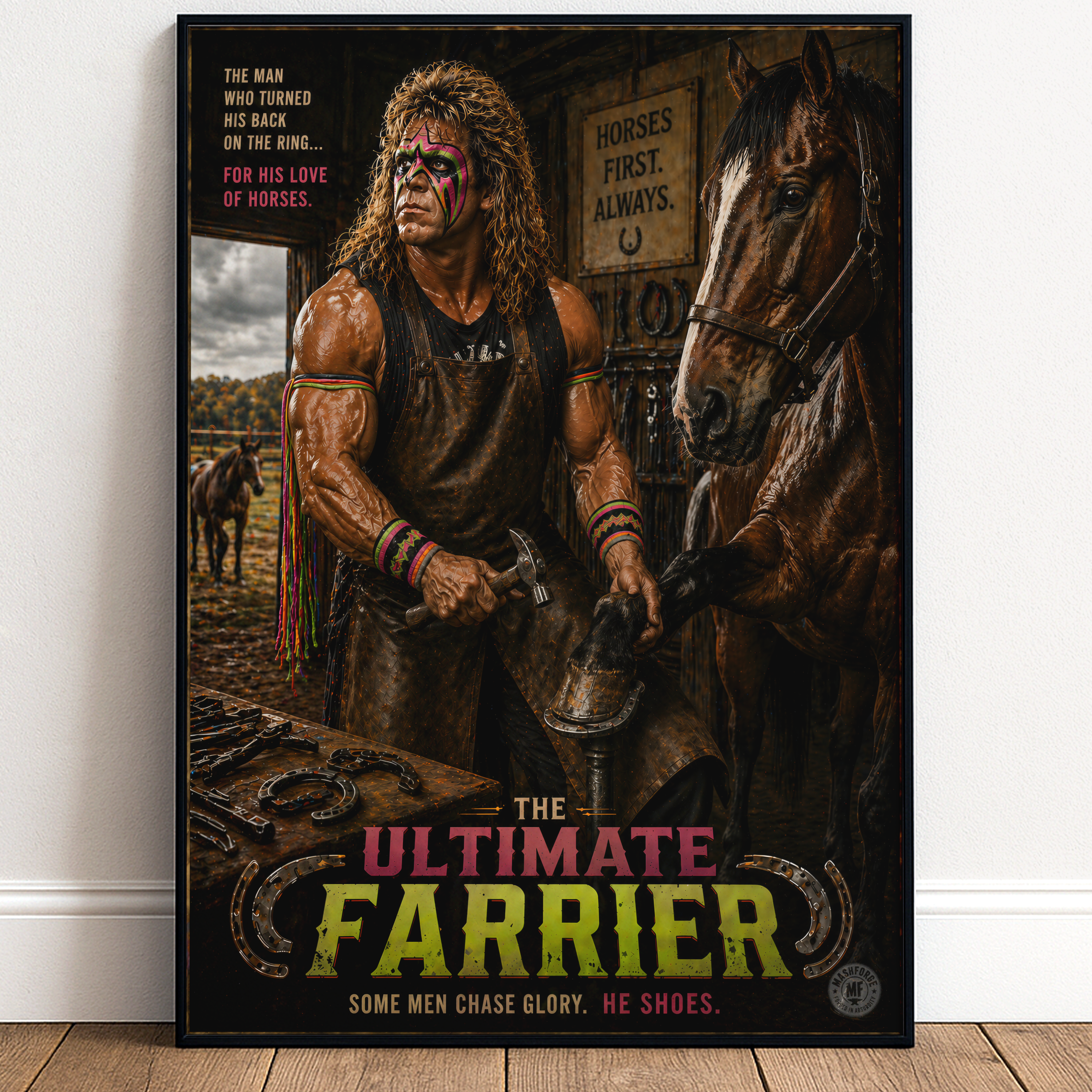 Poster of a farrier with a horse, text 'The Ultimate Farrier' on a wooden floor.