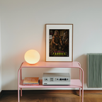 Pink metal shelf with a lamp, books, and a framed ultimate warrior classic wrestler poster on a white wall.