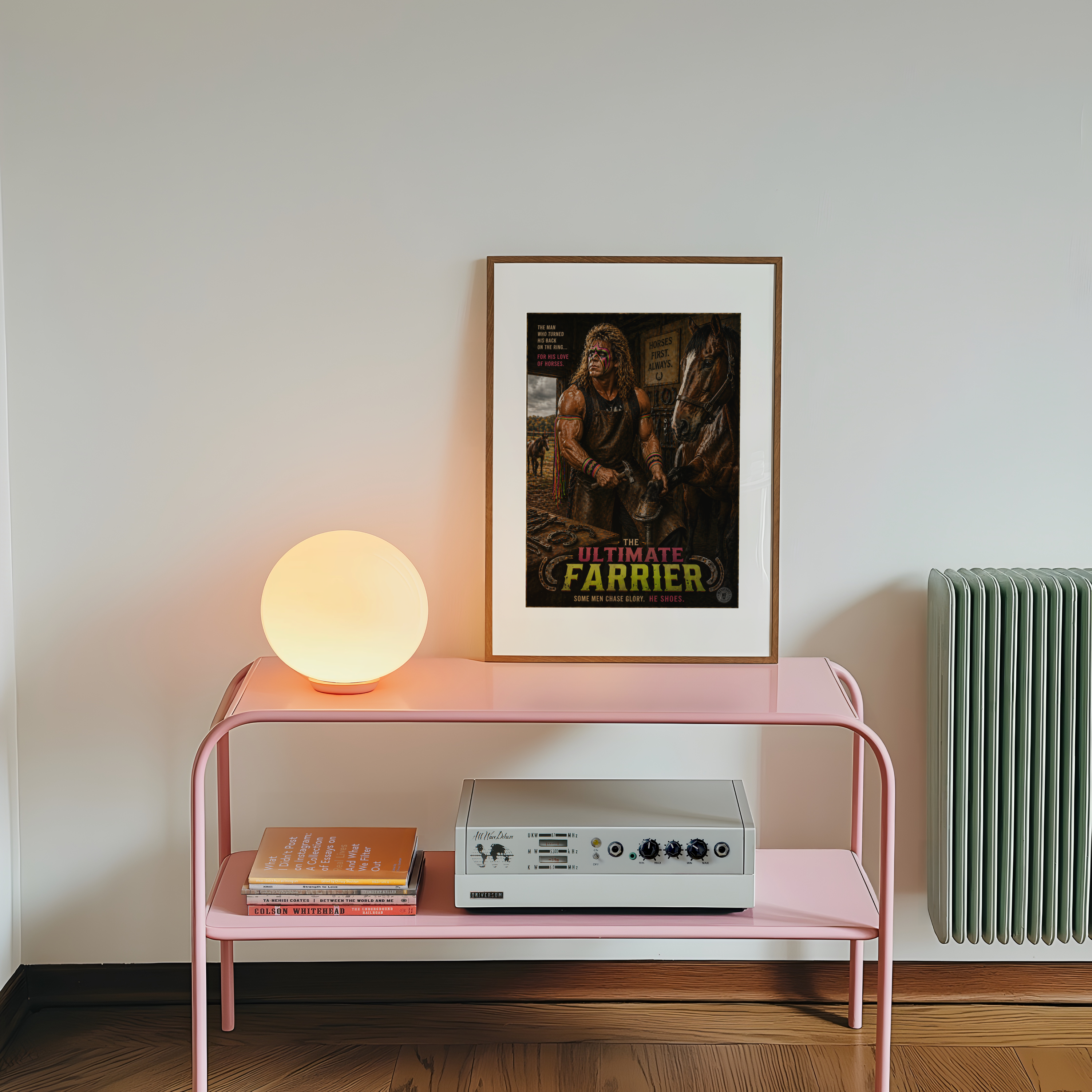 Pink metal shelf with a lamp, books, and a framed ultimate warrior classic wrestler poster on a white wall.