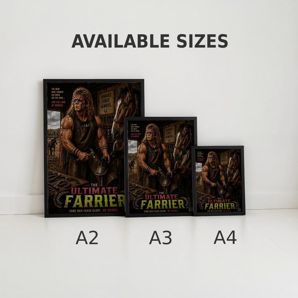 Three framed posters of 'The Ultimate Farrier' with available sizes A2, A3, and A4 displayed below.