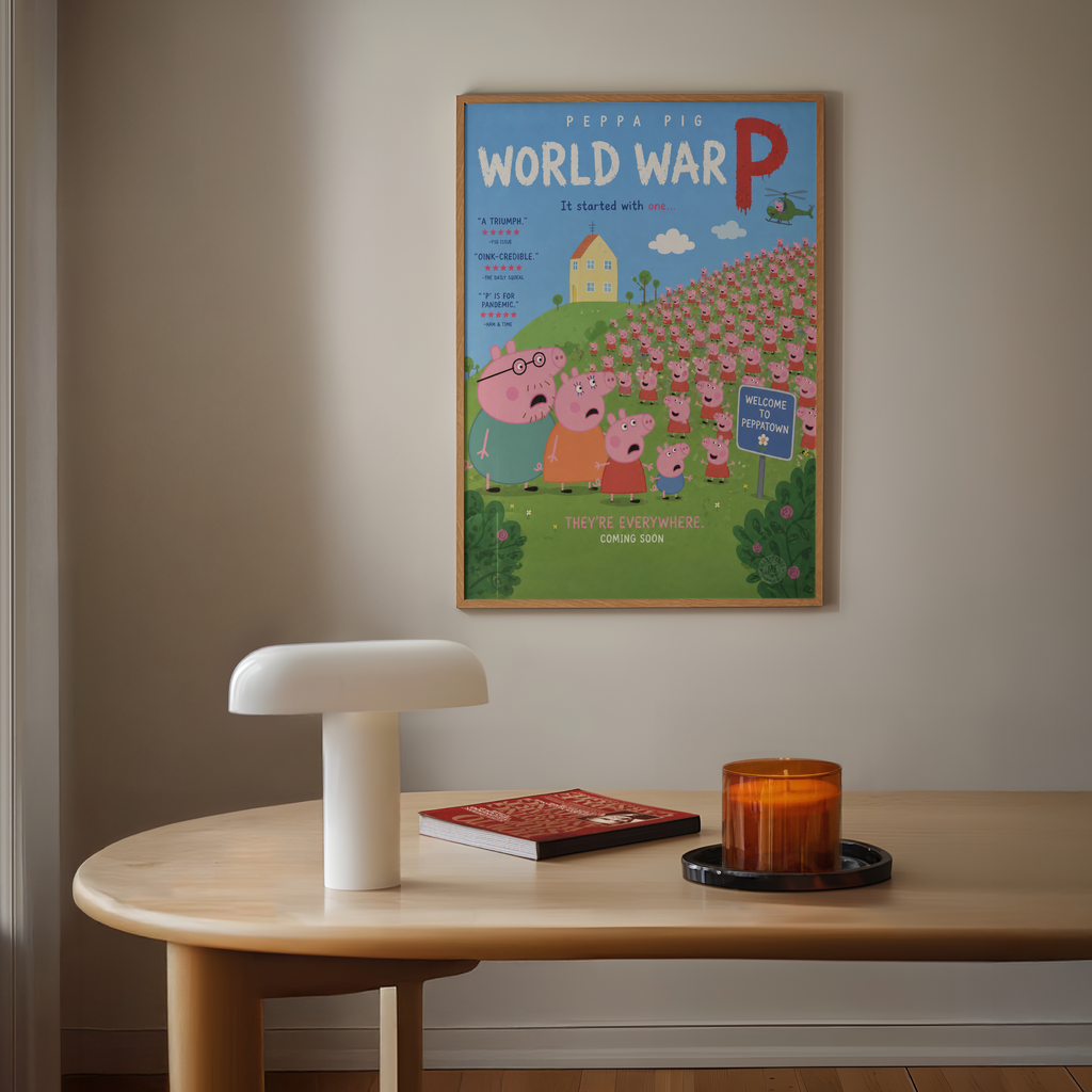 Framed world war p funny zombie poster of Peppa Pig on a wall above a wooden table with a lamp, book, and candle.