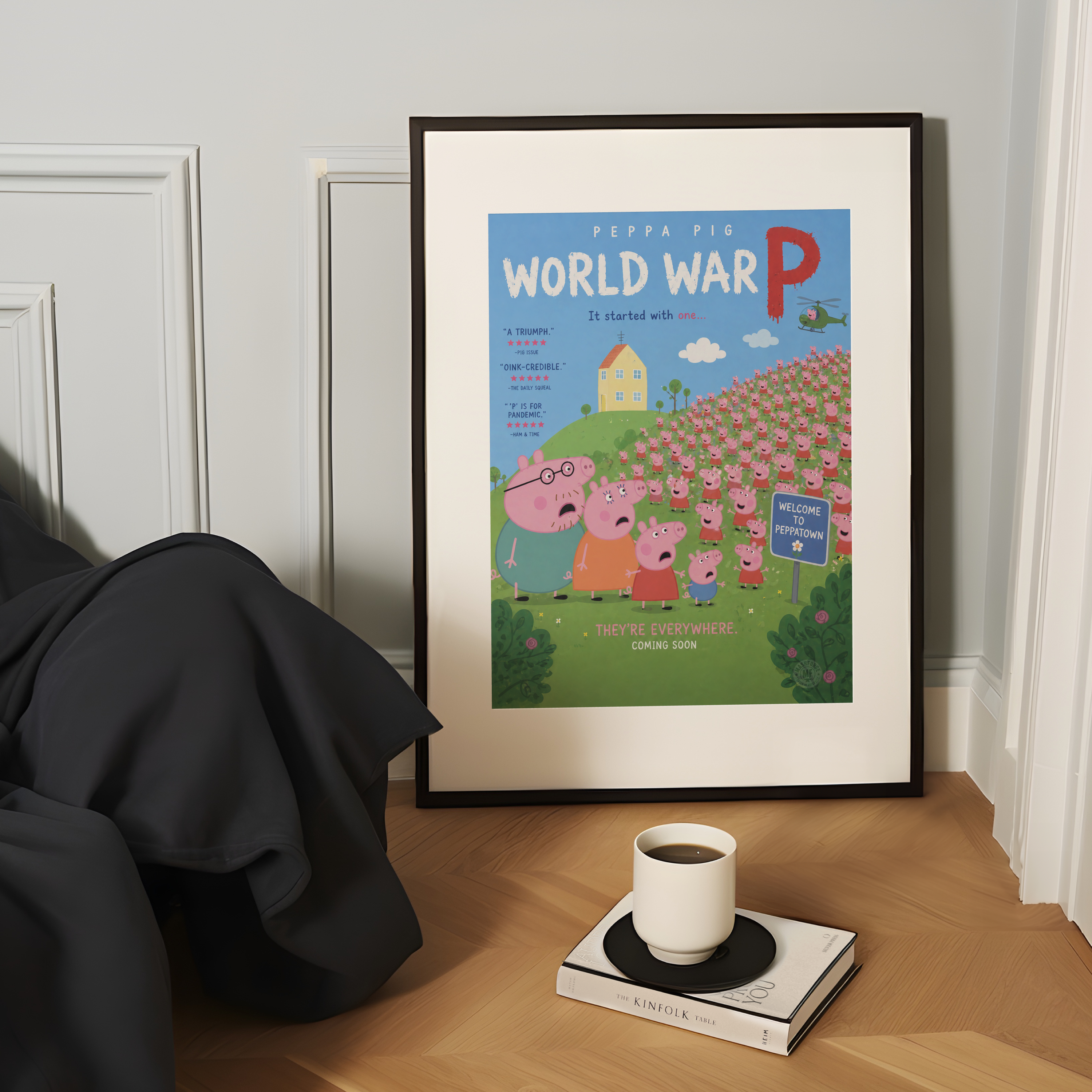 Framed world war z Peppa Pig poster on a table with a cup and book