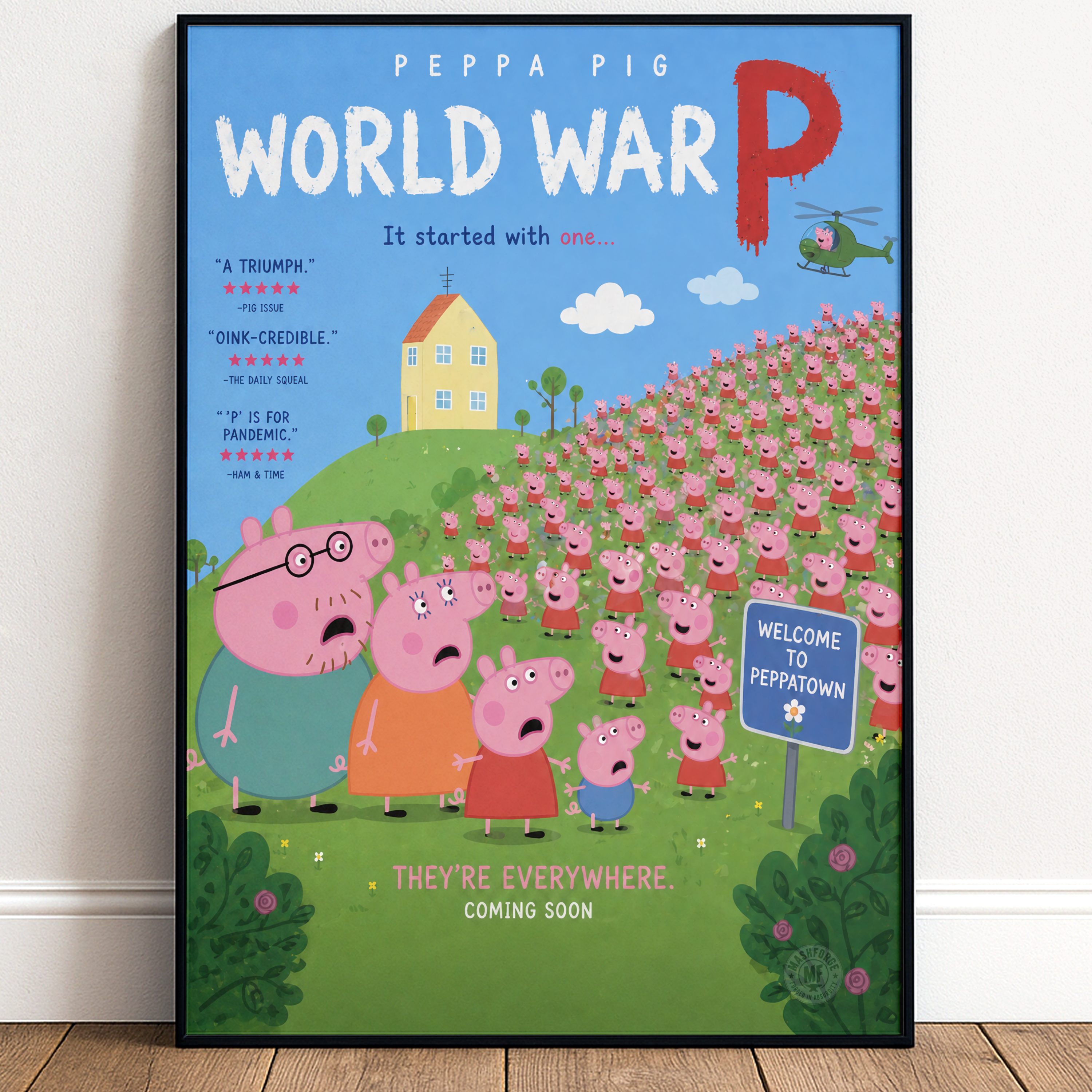 Promotional poster for 'Peppa Pig World War P' with cartoon characters and text.