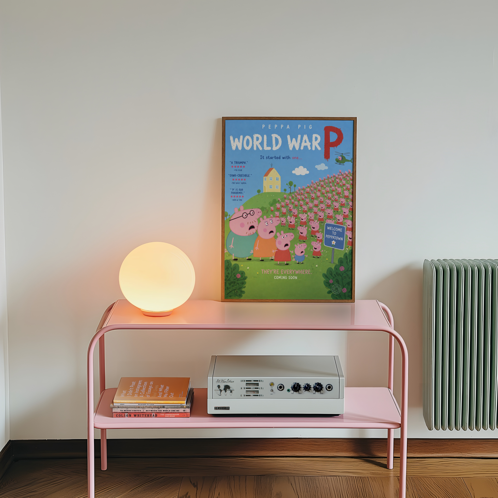Pink shelf with a lamp, books, and a vintage radio player against a white wall with a  funny zombie Peppa Pig poster.