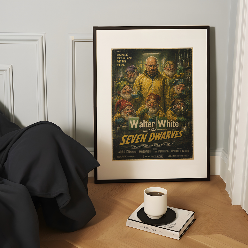 Framed poster of 'Walter White and the Seven Dwarves' on a table with a cup and book.