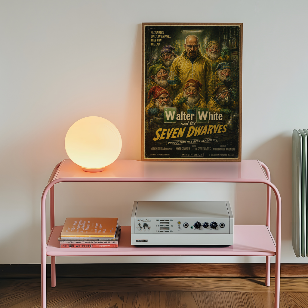 Pink shelf with a lamp, books, and a vintage-style poster of 'Walter White and the Seven Dwarves' on a white wall.