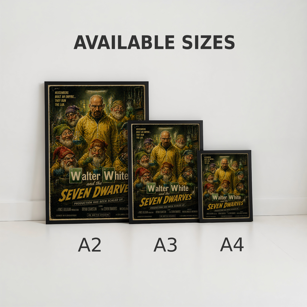 Three framed posters of 'Walter White and the Seven Dwarves' with available sizes A2, A3, and A4 displayed below.