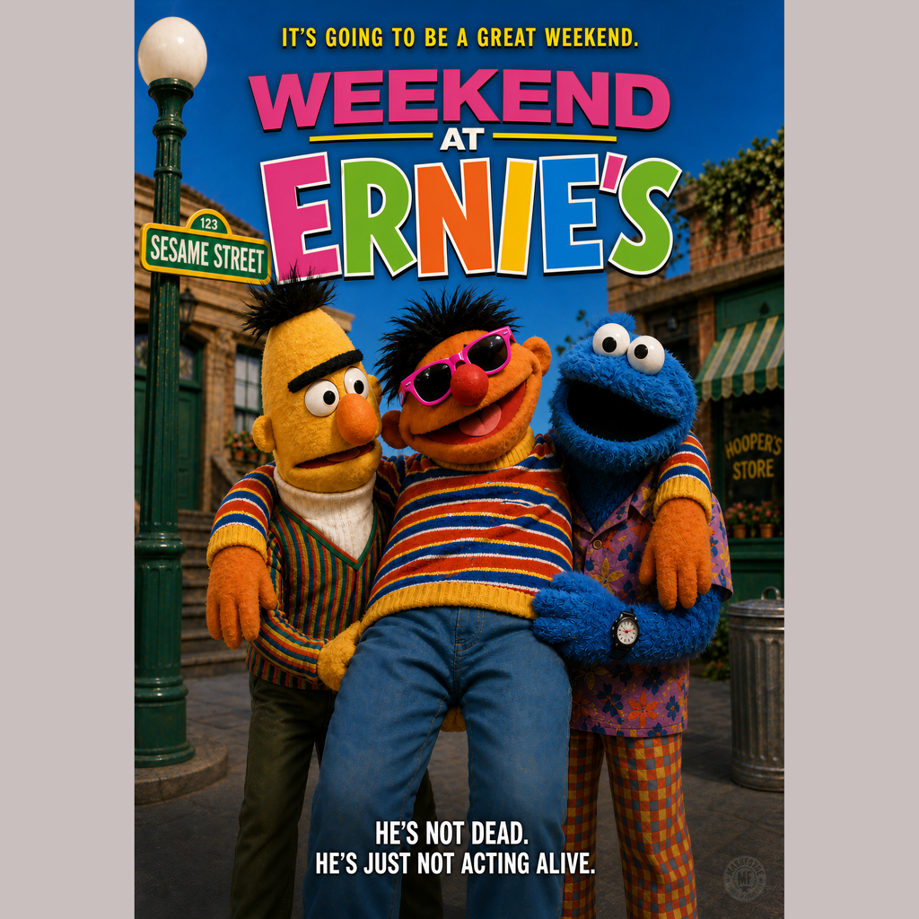 Sesame Street characters in a promotional poster for 'Weekend at Ernie's'.