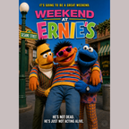Sesame Street characters in a promotional poster for 'Weekend at Ernie's'.