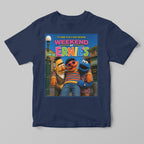 Navy blue t-shirt with 'Weekend at Ernie's' Sesame Street graphic on a gray background