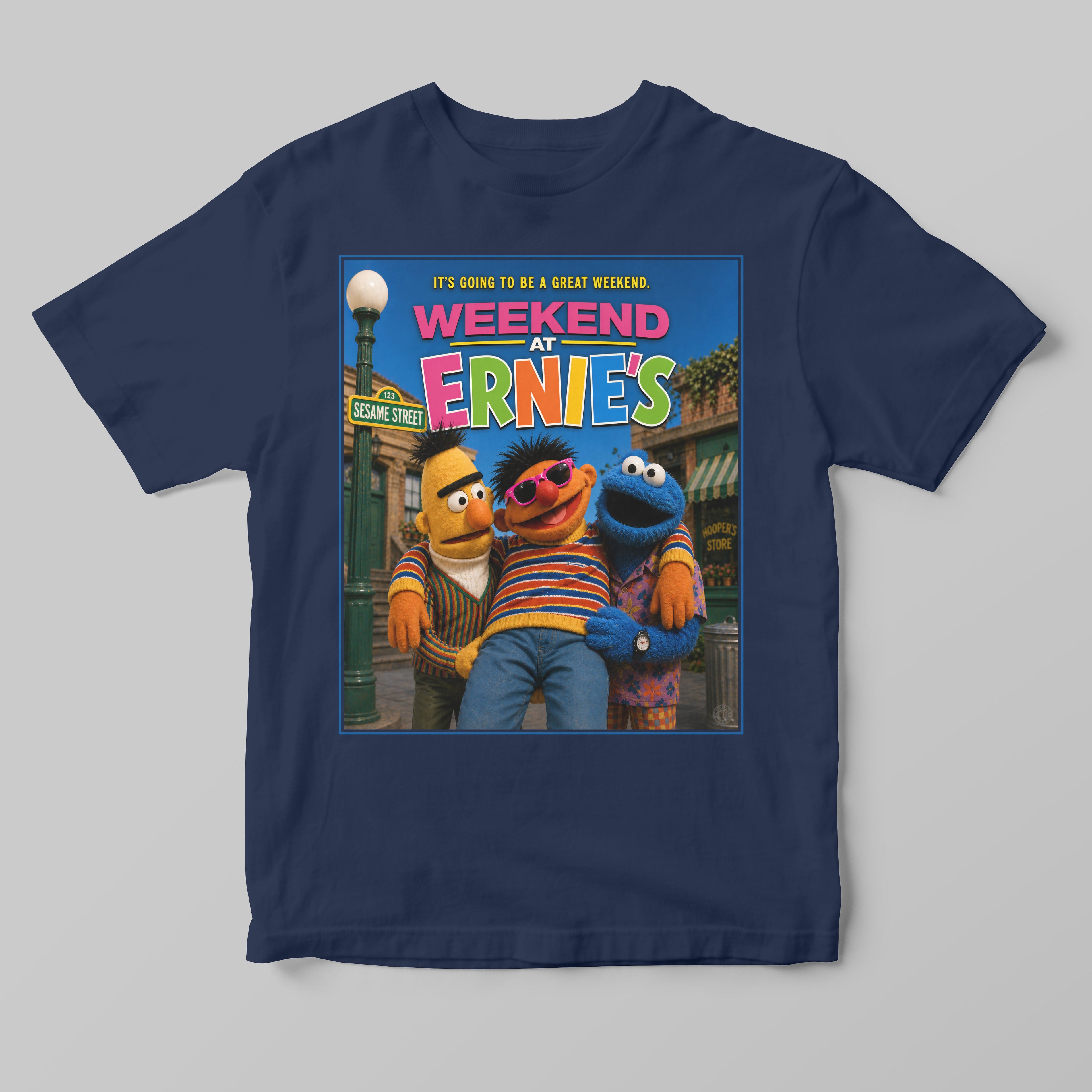Navy blue t-shirt with 'Weekend at Ernie's' Sesame Street graphic on a gray background