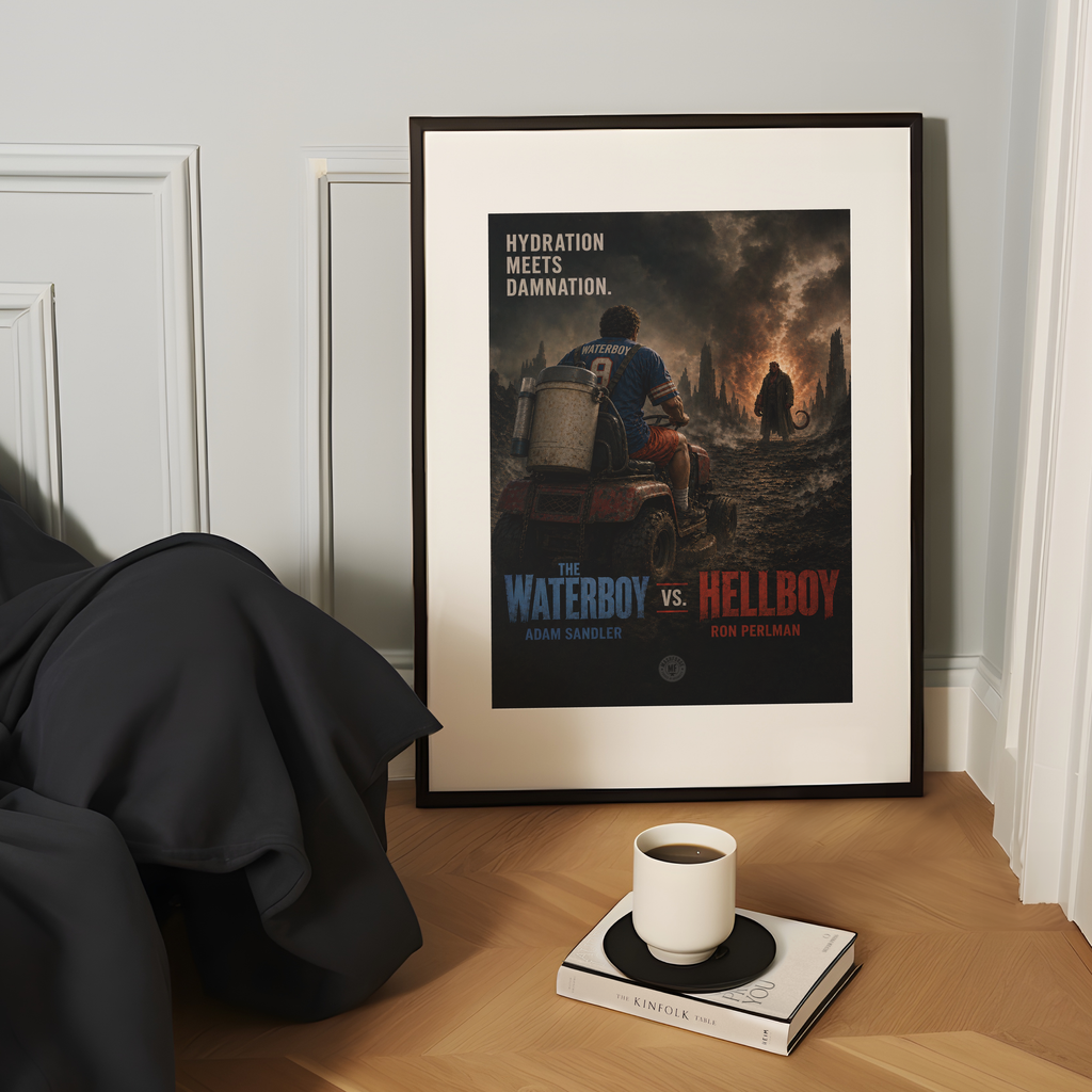 Framed movie poster of The Waterboy vs. Hellboy on a table with a cup and book.