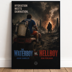 Movie poster for The Waterboy vs. Hellboy'featuring a character on a four-wheeler with a dark, apocalyptic landscape.