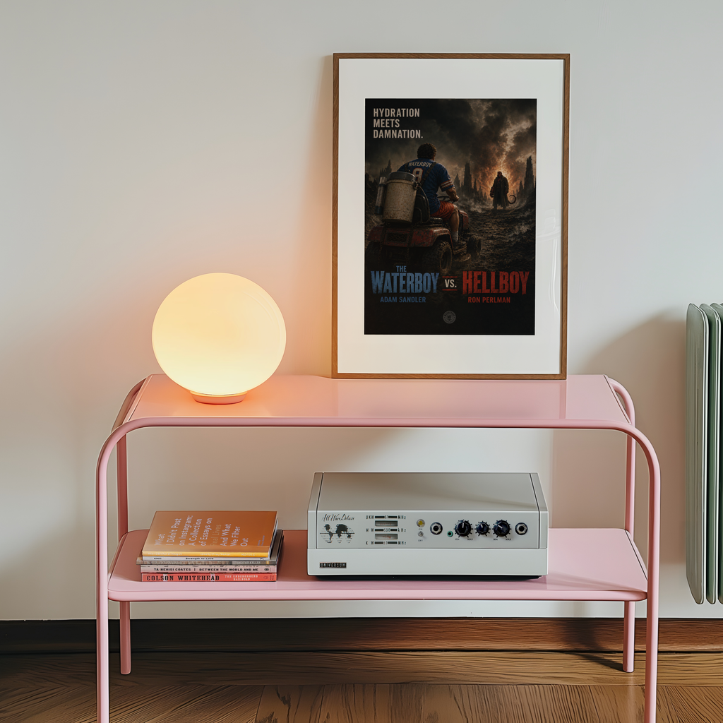 Pink shelf with a lamp, books, and a framed waterboy vs hellboy poster on a white wall.