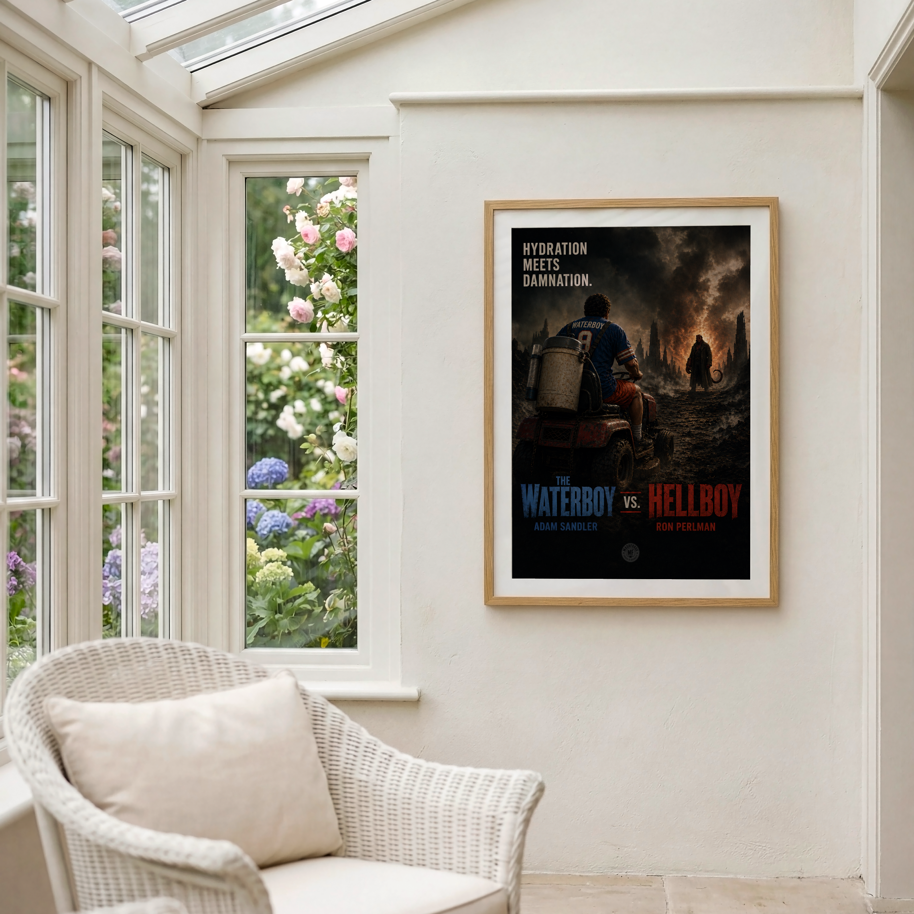 Framed movie poster on a wall with a chair and window in the background
