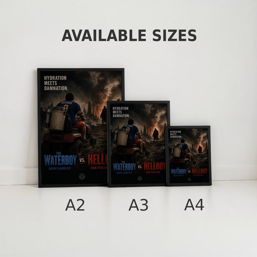 Three movie posters of The Waterboy vs. Hellboy with available sizes A2, A3, and A4 displayed below.