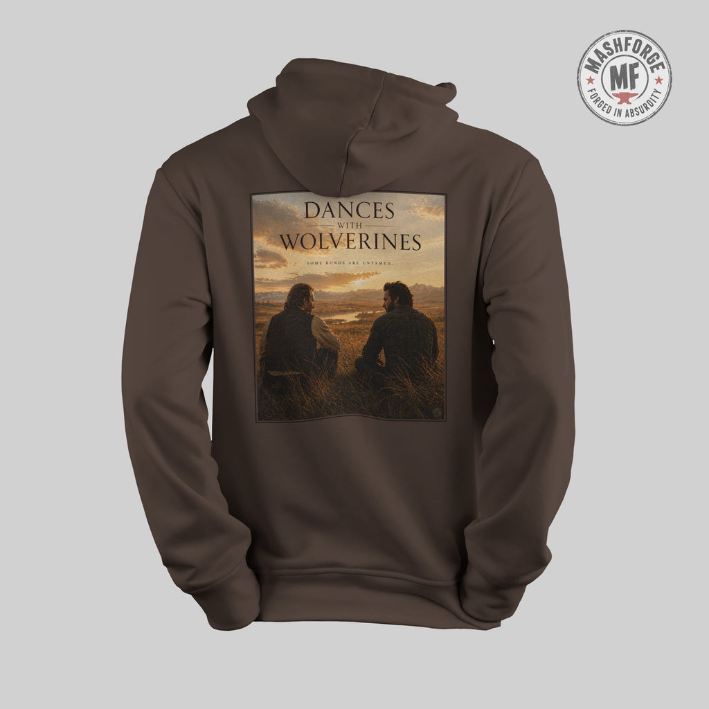 Brown hoodie with 'Dances with Wolverines' graphic on the back against a light gray background