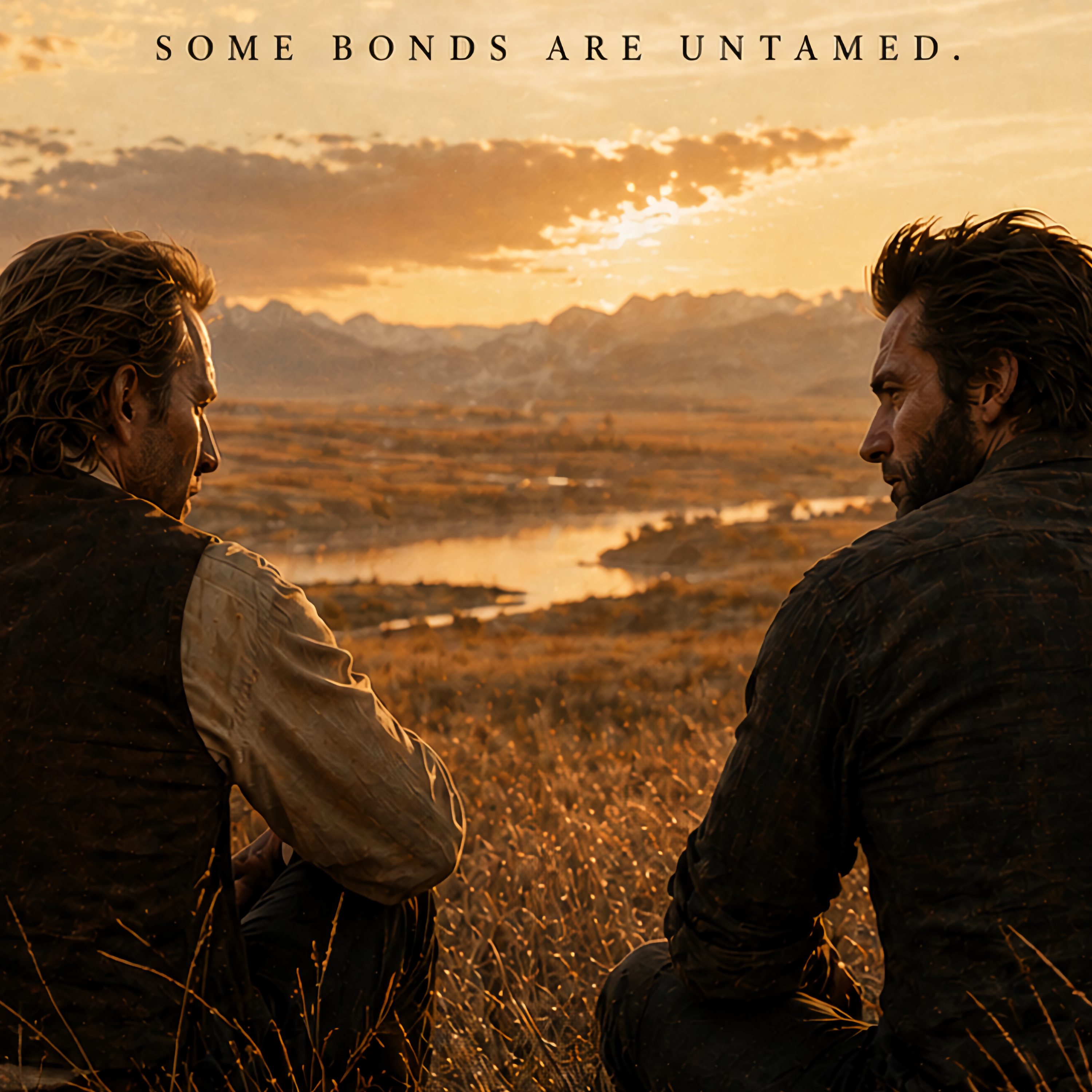 Two men sitting on a grassy hill overlooking a river with mountains in the background, text Some bonds are untamed at the top.