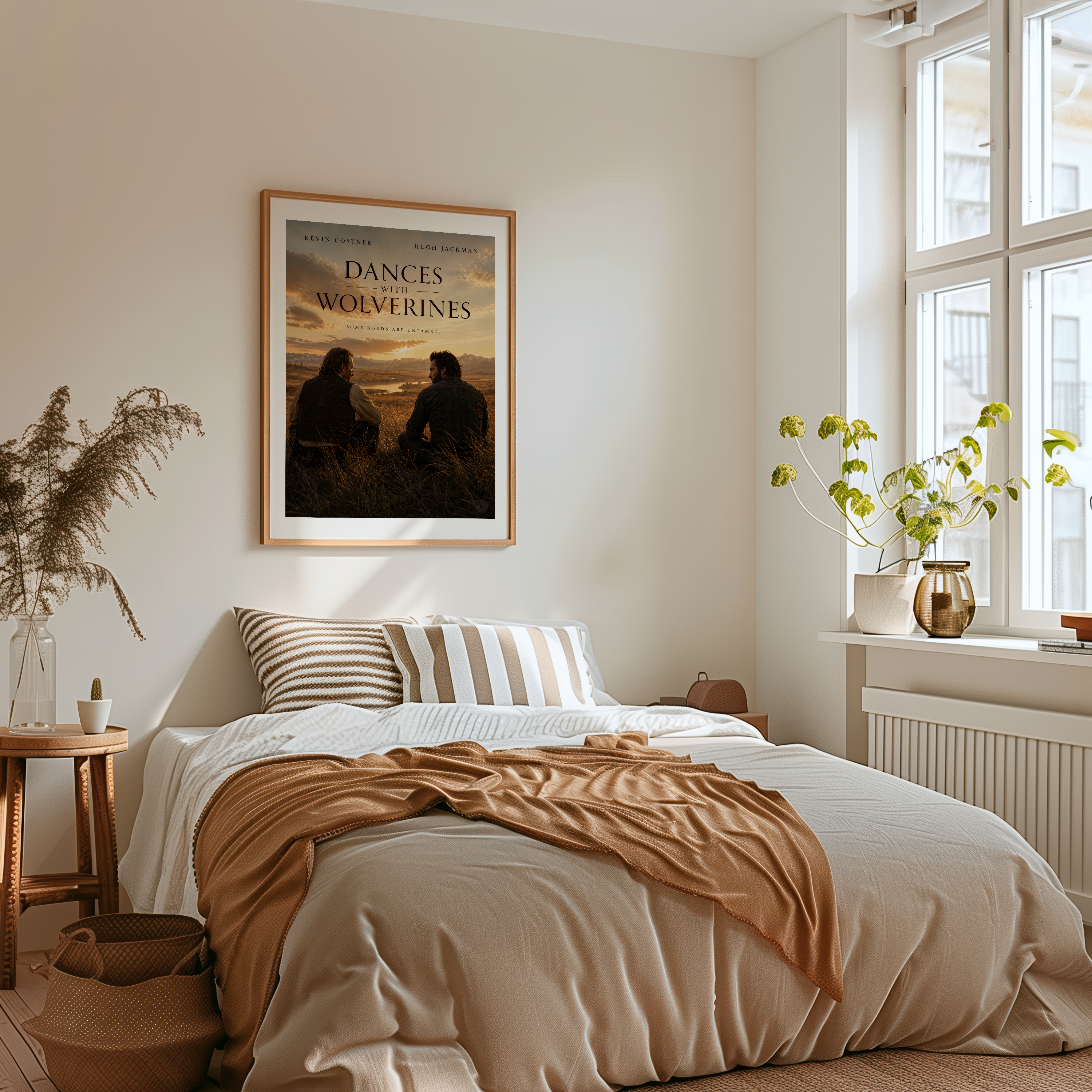 Bedroom with a bed, framed dances with wolverine poster, and plants
