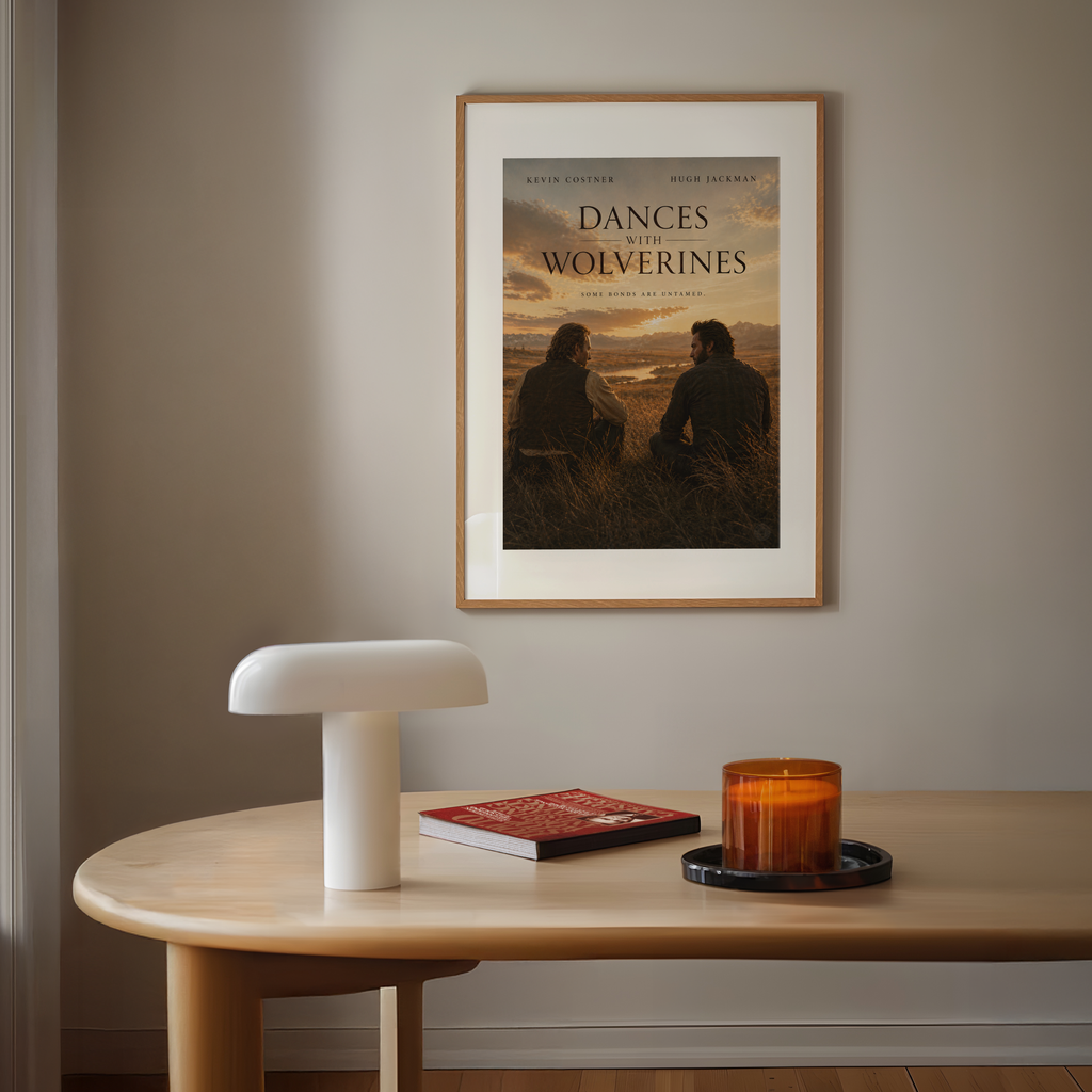 Framed movie poster of Dances with Wolverines on a wall above a wooden table with a lamp, book, and candle.