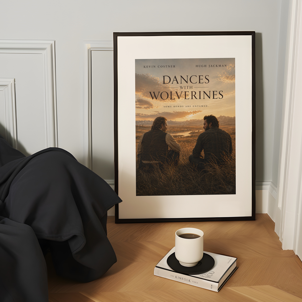Framed movie poster of Dances with Wolverines on a wooden surface with a cup and book.
