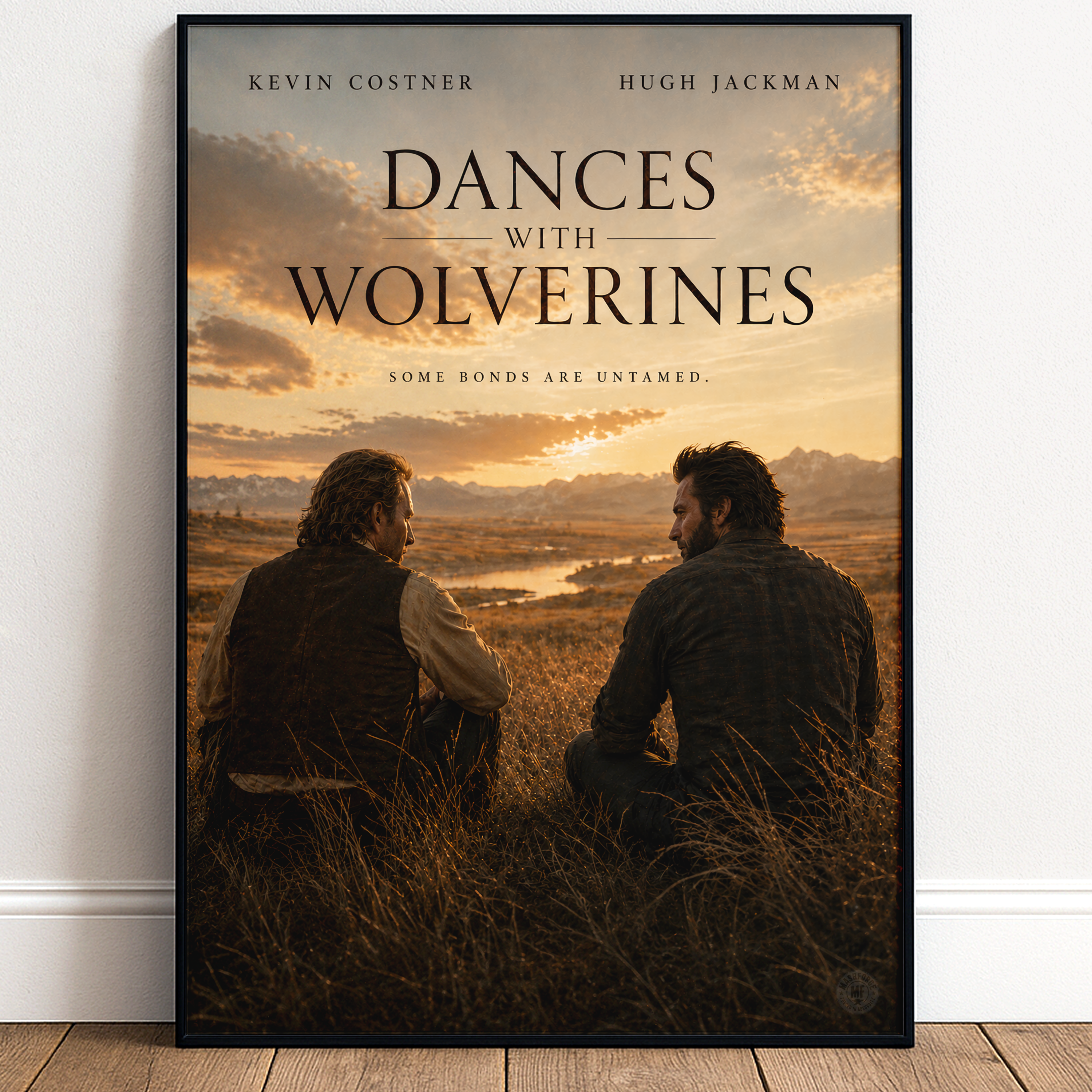 Movie poster for Dances with Wolverines featuring two characters sitting in a field with a sunset.