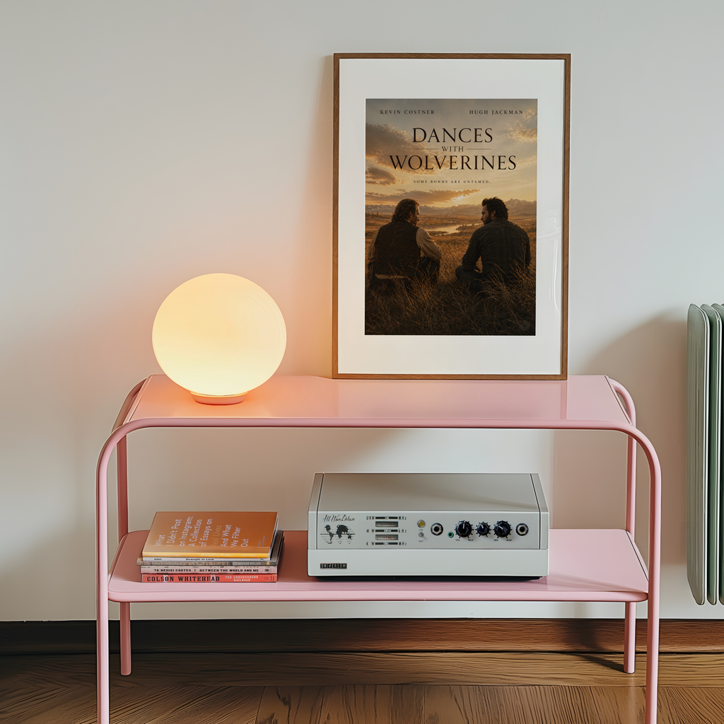 Pink shelf with a lamp, records, and a framed poster on a white wall.
