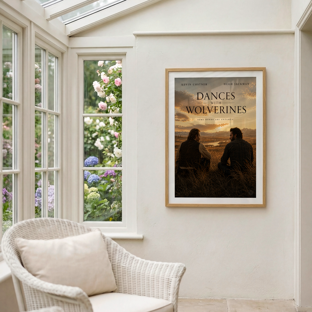Framed movie poster of Dances with Wolves on a wall in a room with a window view of flowers.