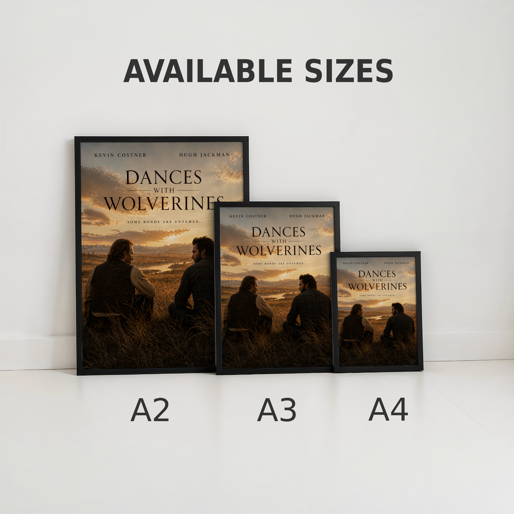 Framed movie poster of Dances with Wolverines showing different sizes on a white background.