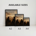 Framed movie poster of Dances with Wolverines showing different sizes on a white background.