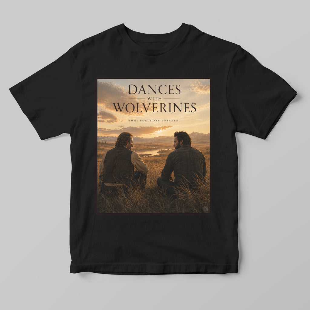 a black t-shirt featuring a unique funny graphic design featuring dances with wolverine design