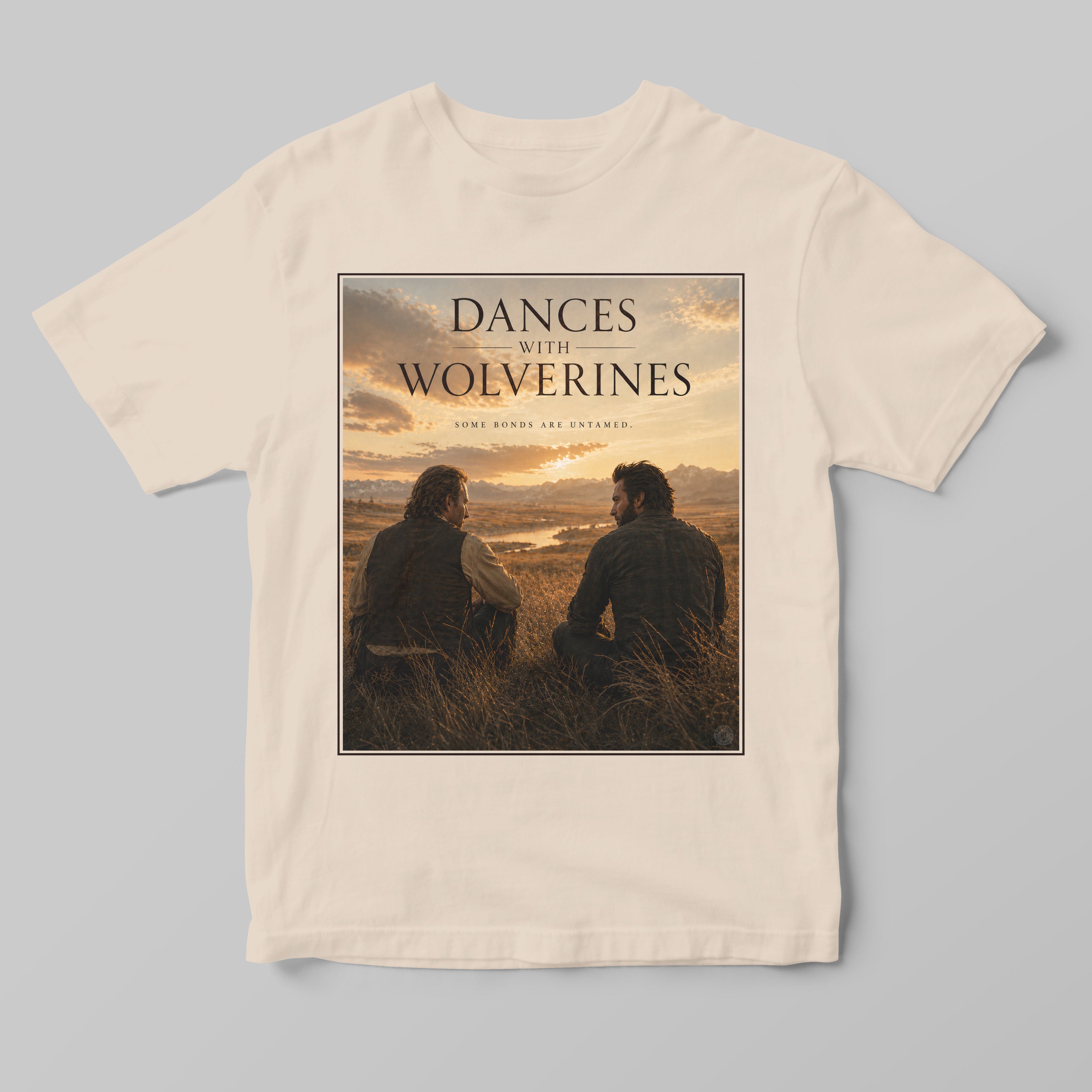 a cream t-shirt featuring a unique funny graphic design featuring dances with wolverine design