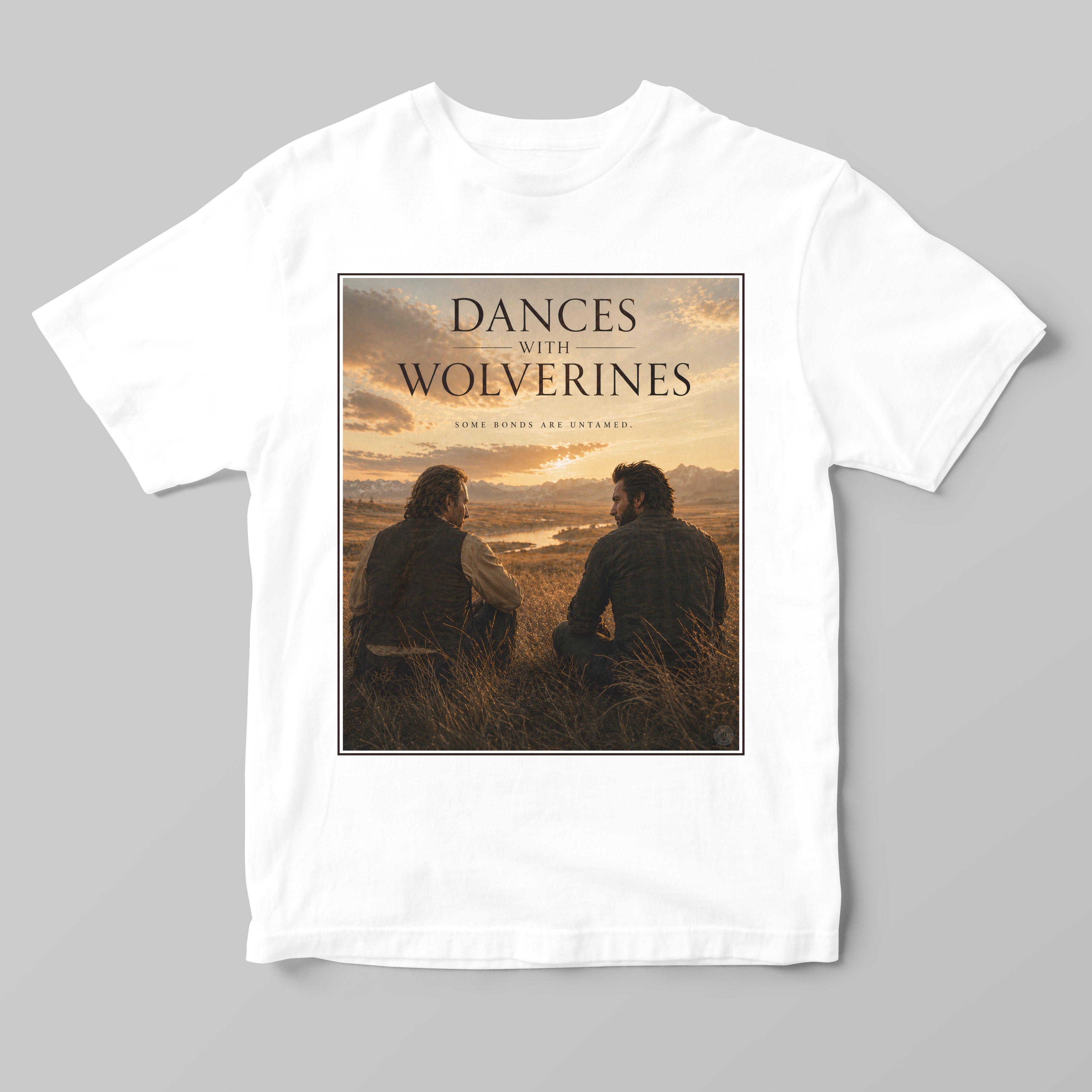 a white t-shirt featuring a unique funny graphic design featuring a dances with wolverines design