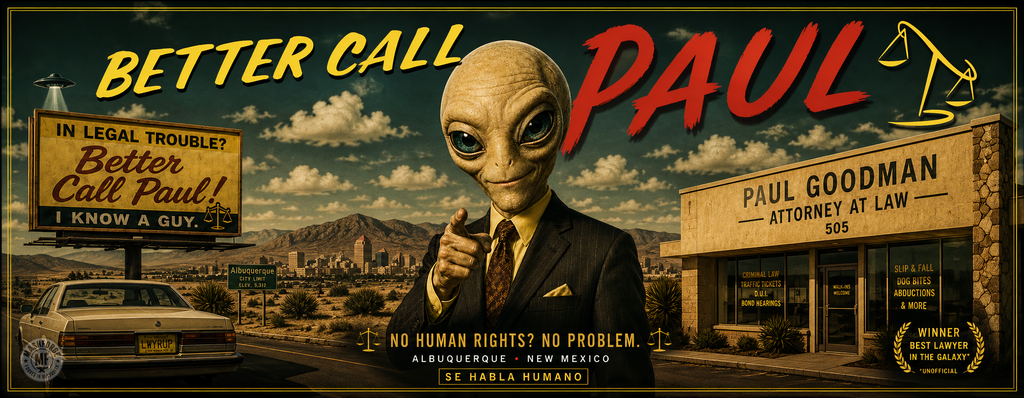 Promotional poster for 'Better Call Saul' with an alien lawyer and vintage cars.