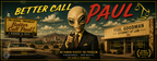 Promotional poster for 'Better Call Saul' with an alien lawyer and vintage cars.