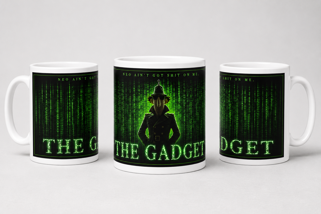 Three mugs with 'The Gadget' design featuring a character and code text on a white background.