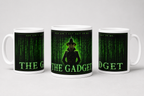 Three mugs with 'The Gadget' design featuring a character and code text on a white background.