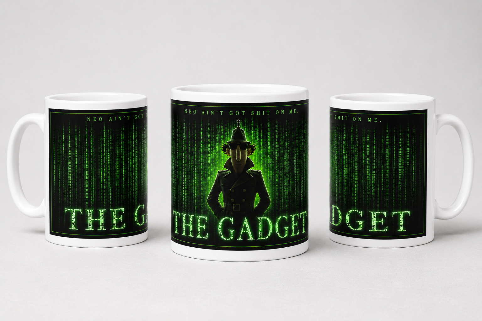 Three mugs with 'The Gadget' design featuring a character and code text on a white background.