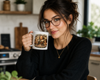 Woman holding a mug with a graphic design in a kitchen setting