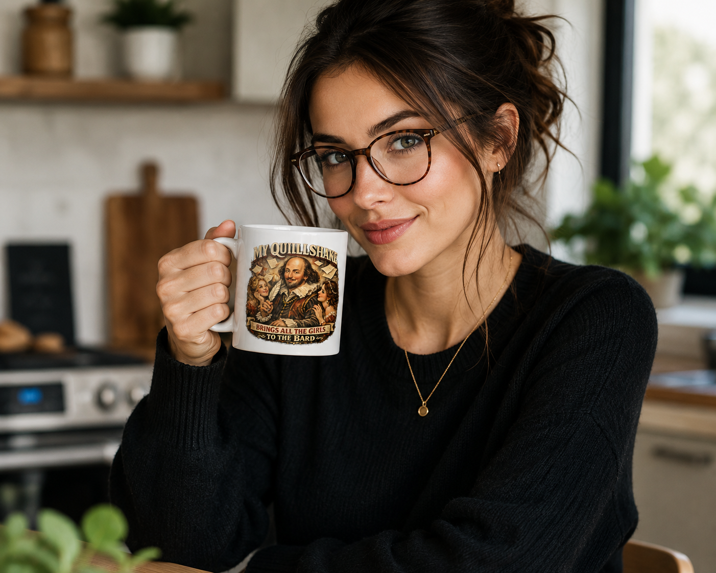 Woman holding a mug with a graphic design in a kitchen setting