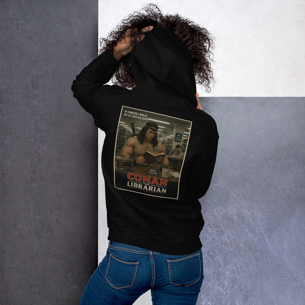 Person wearing a green hoodie with Conan the Barbarian design on the back against a gray and white background
