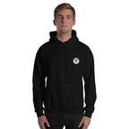 Person wearing a black hoodie with a logo on a white background