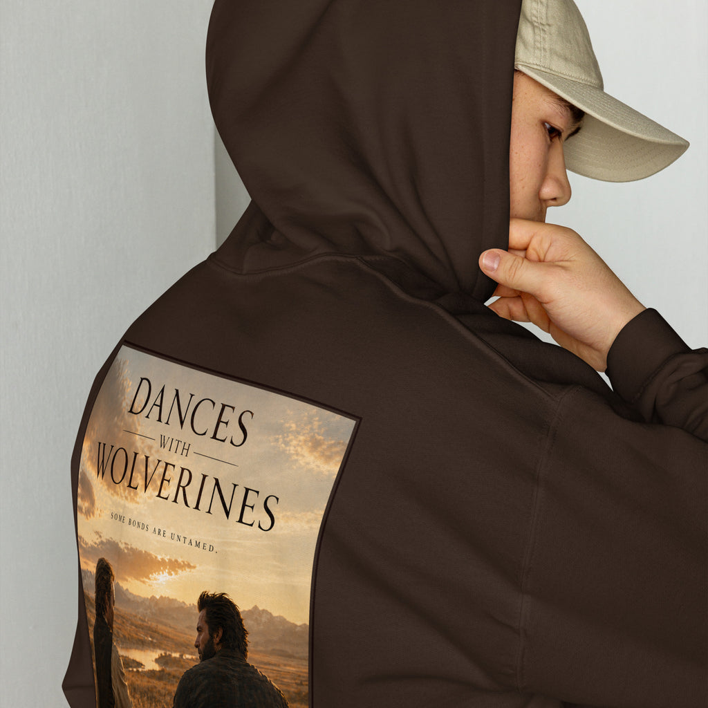 Person wearing a hoodie with 'Dances with Wolverines' design on the back
