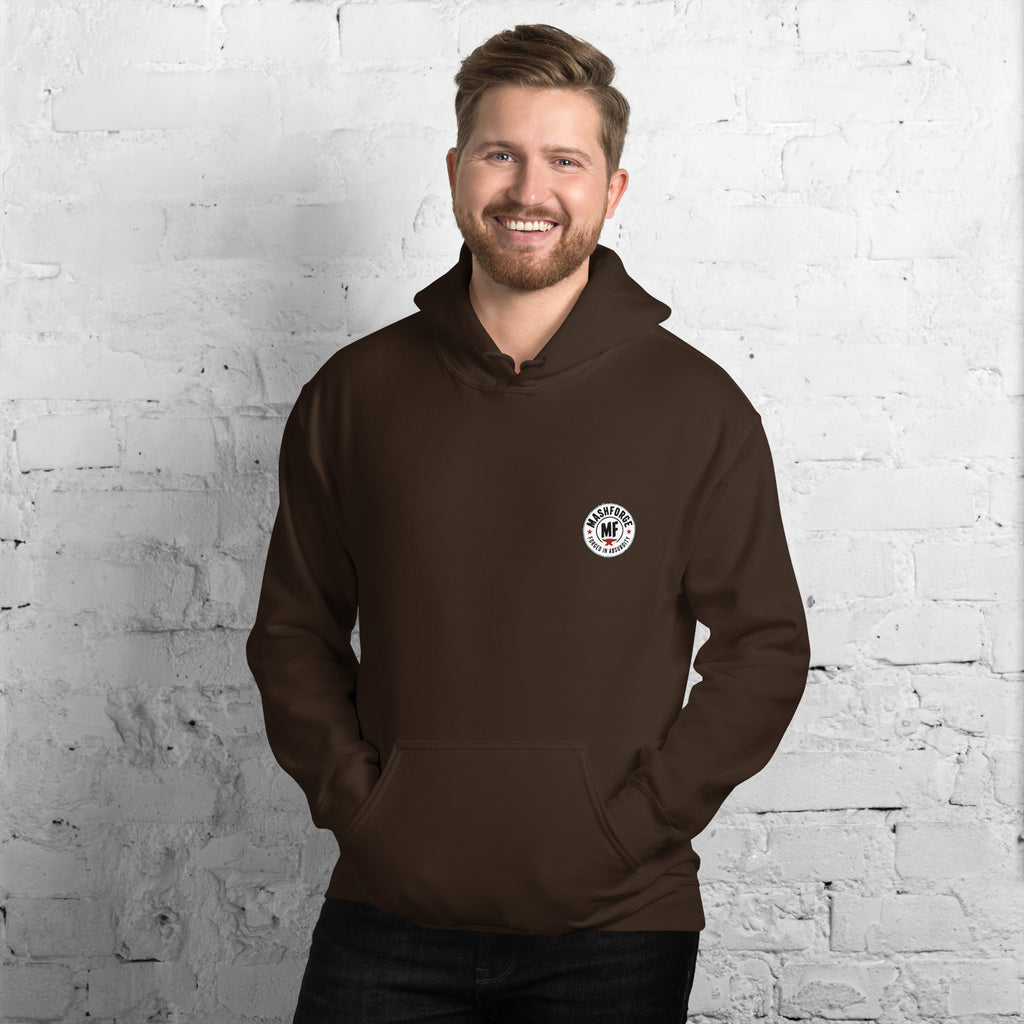 Brown hoodie with a printed white Mashforge logo