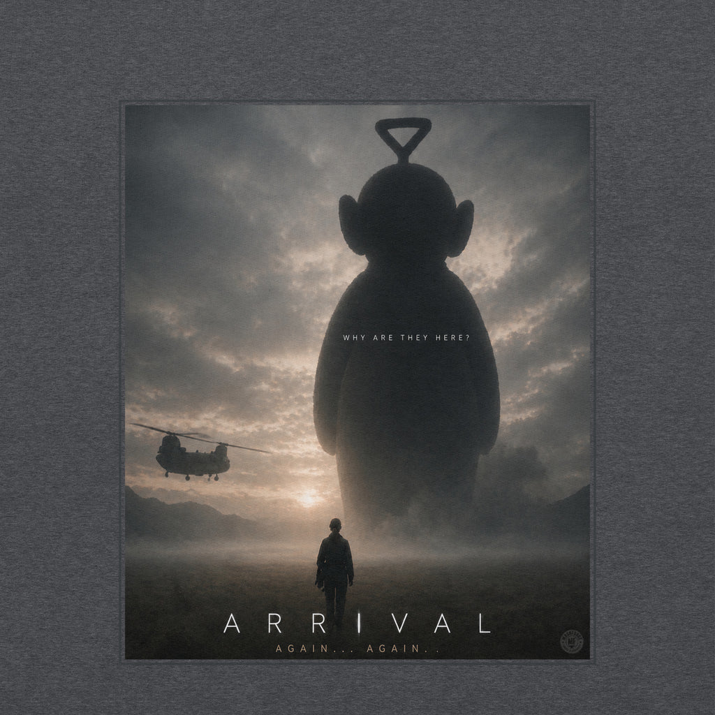Movie poster for 'Arrival' with a silhouette of a giant teletubby figure and a person, set against a cloudy sky.