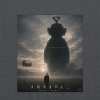 Movie poster for 'Arrival' with a silhouette of a giant teletubby figure and a person, set against a cloudy sky.